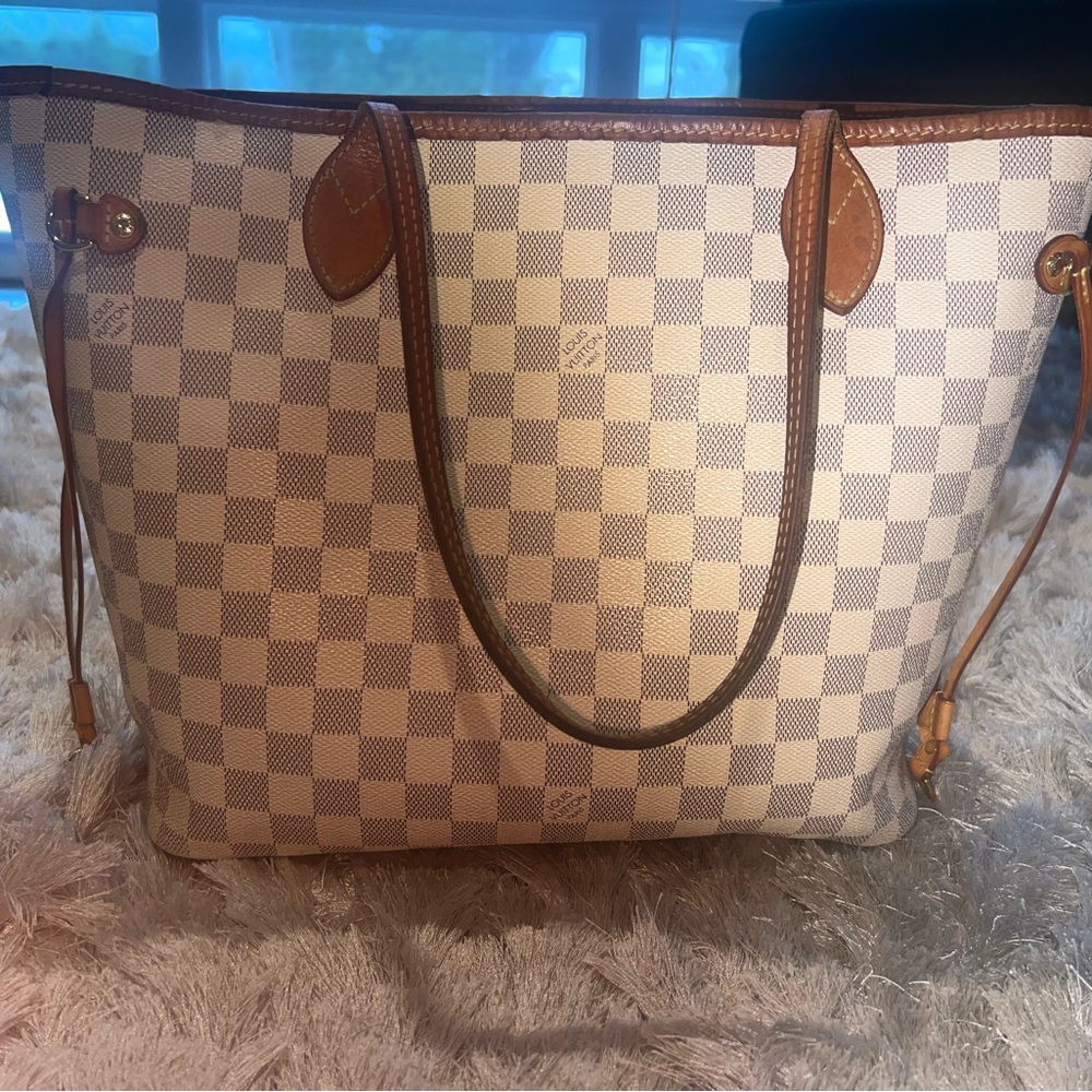 Louis Vuitton Neverfull MM Checkered Cream and Brown Tote